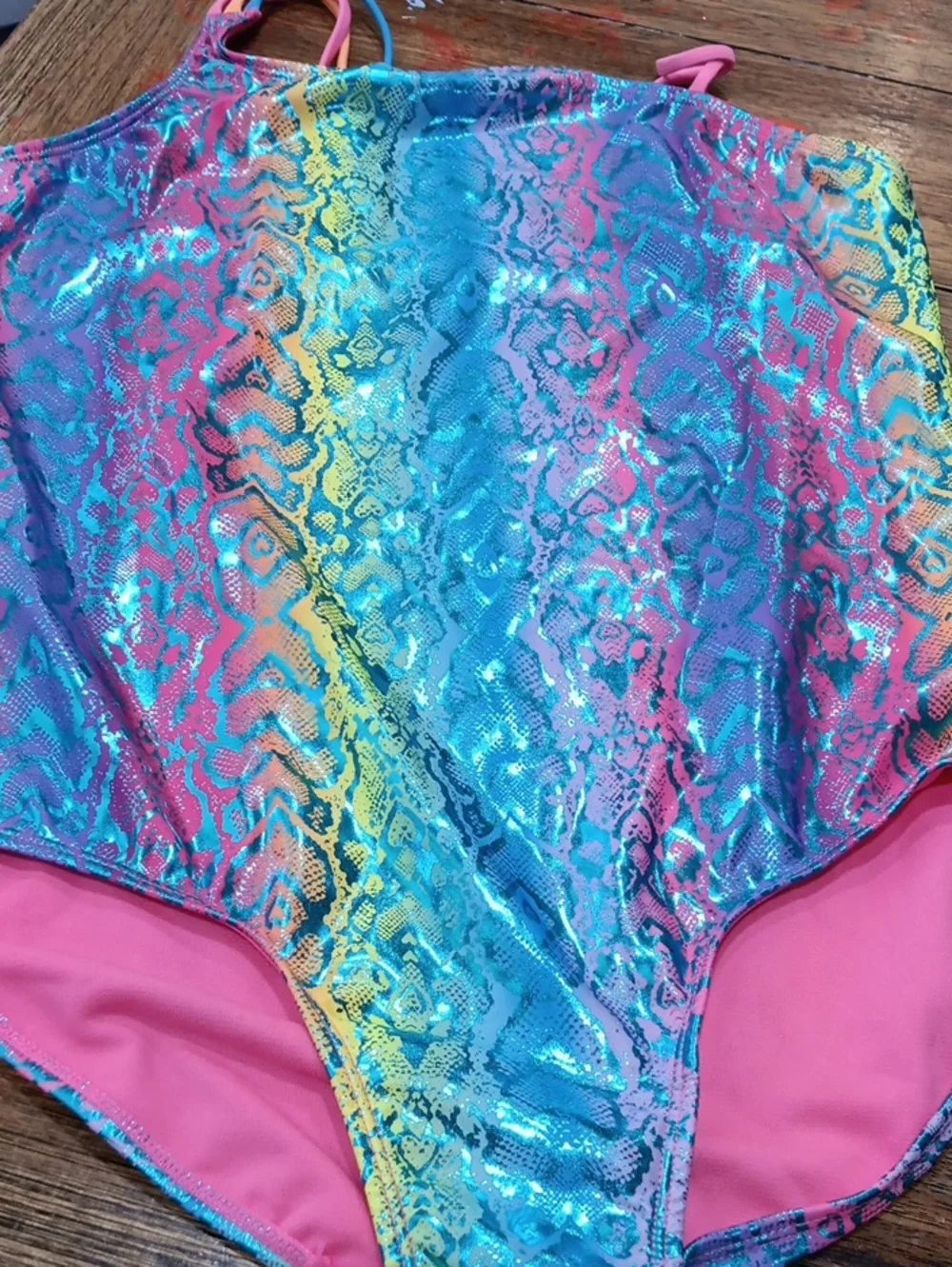 Wonder Nation Girls' Multicolor Shiny One-Piece Swimsuit - Pink & Blue